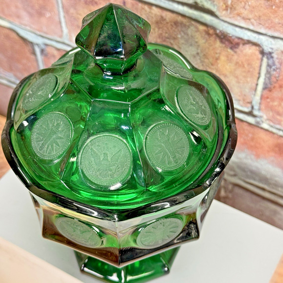 Fostoria Glass Emerald Green Coin Dot 8 1/2" Wedding Bowl Covered Candy Jar Lid‎ - Picture 6 of 13